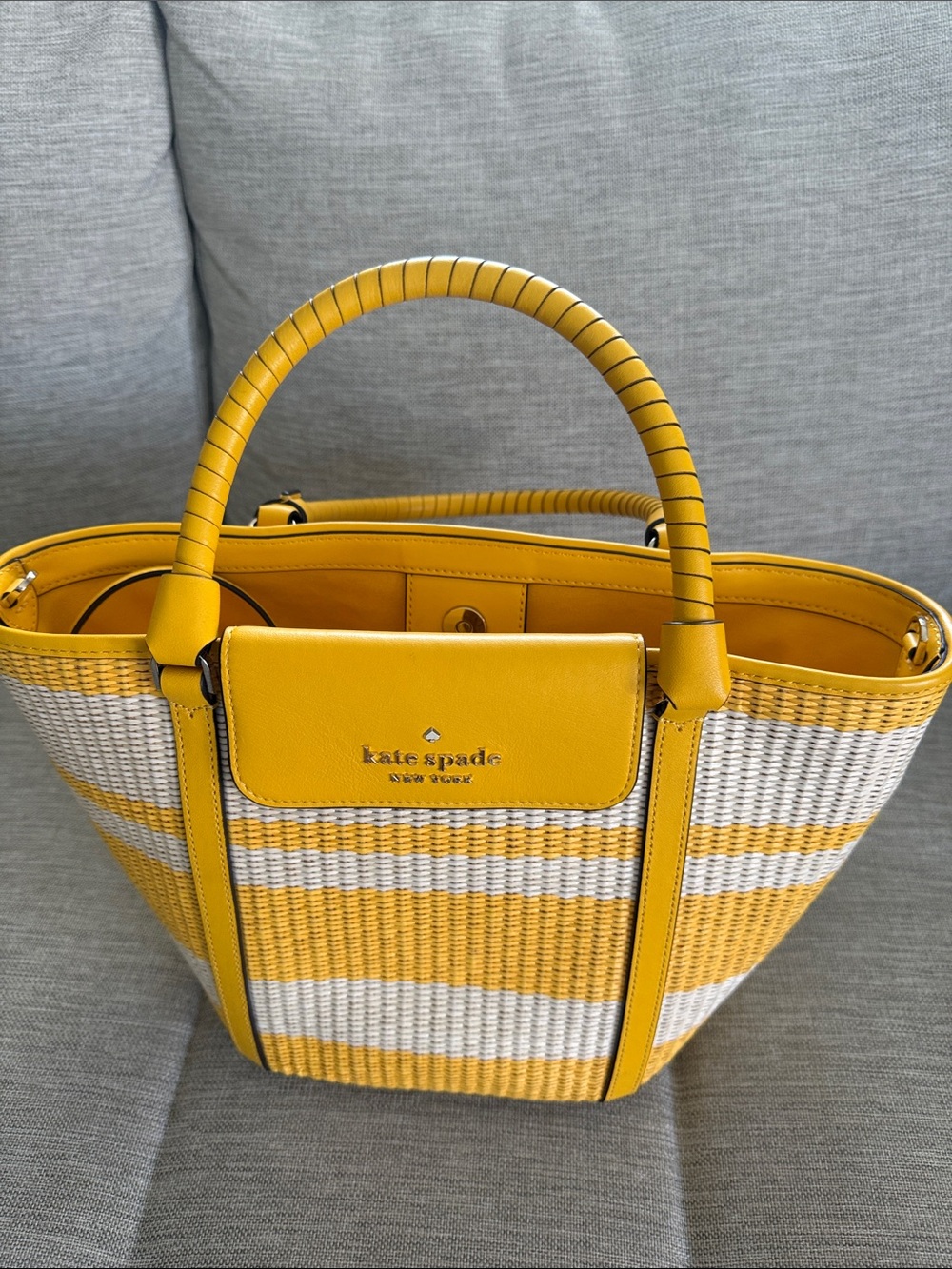 kate spade yellow and white striped woven tote - Picture 1 of 5